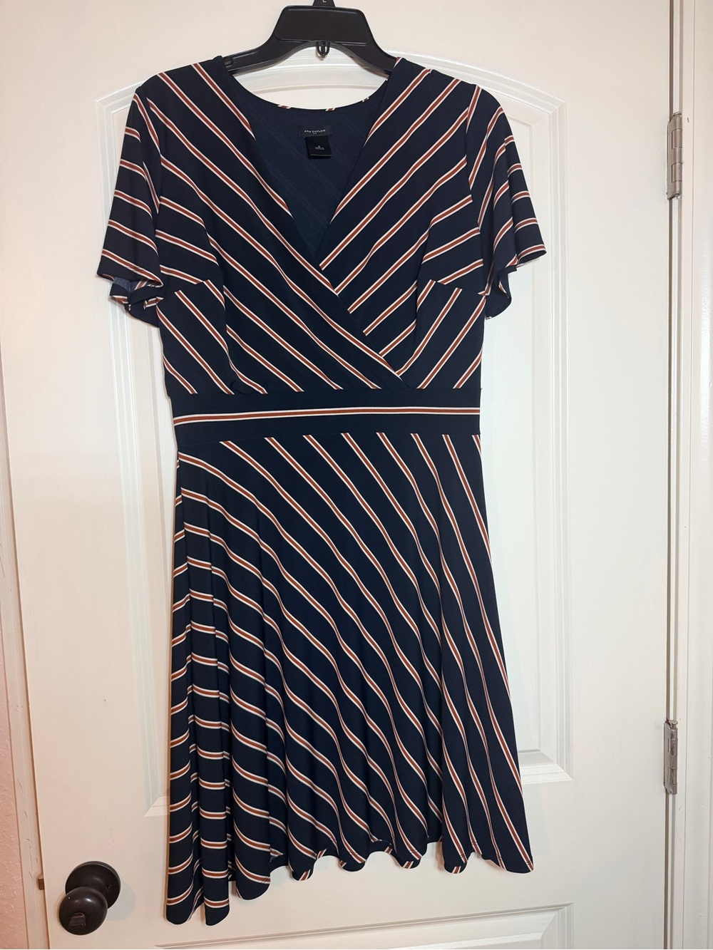 Ann Taylor Navy Midi Dress with Cream and Pink Stripes